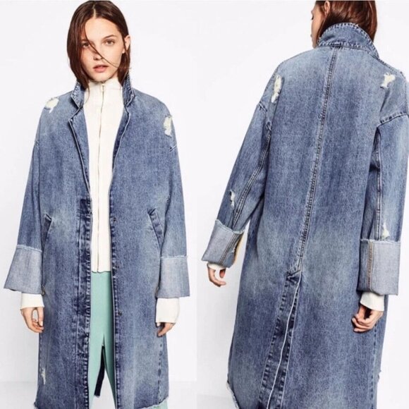 Zara Trench Coat Blue Distressed Denim Button Snap Fray Jacket - Picture 1 of 14
